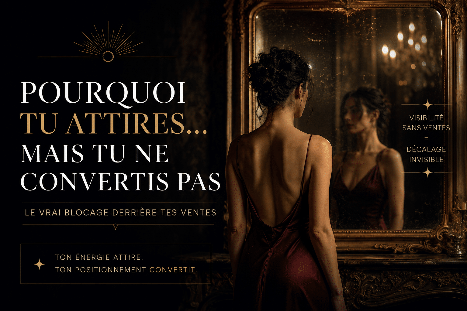 femme élégante devant un miroir dans une ambiance sombre luxe symbolisant visibilité sans ventes et problème de conversion business
