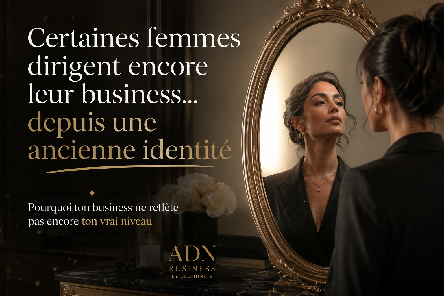 femme élégante devant un miroir dans une ambiance sombre luxe symbolisant visibilité sans ventes et problème de conversion business